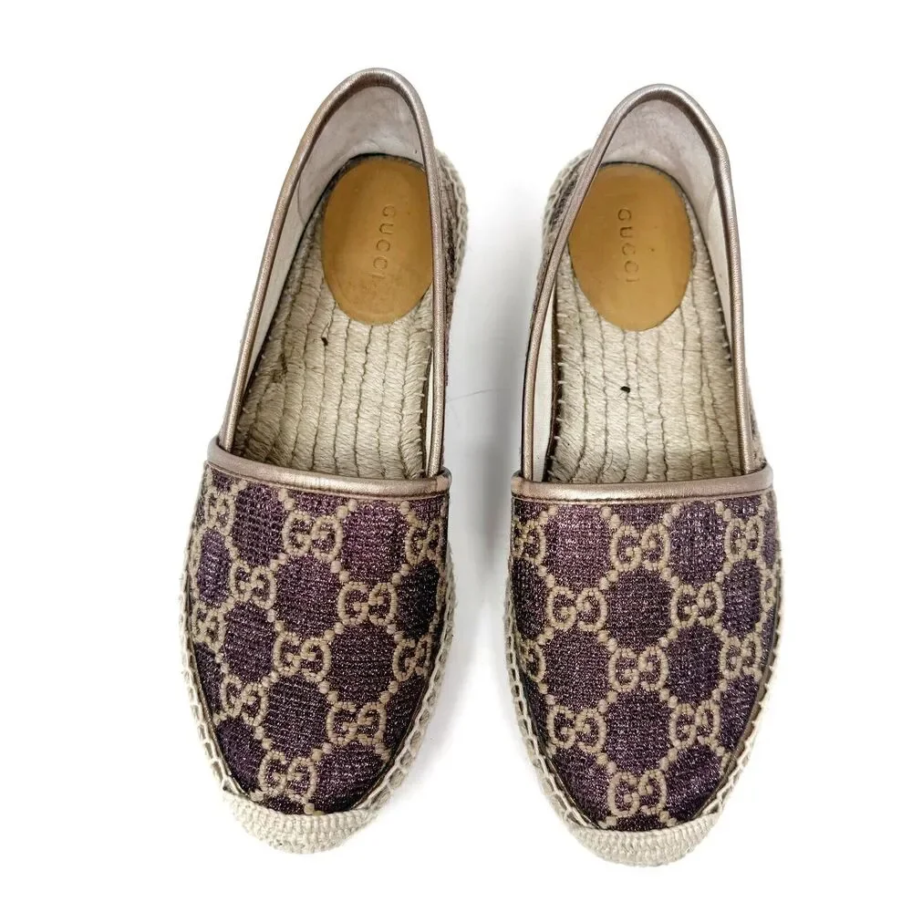Gucci GG Logo Lurex Lamé Espadrilles Brown Beige Monogram Flats EU 37.5 US 7.5 - Picture 2 of 14